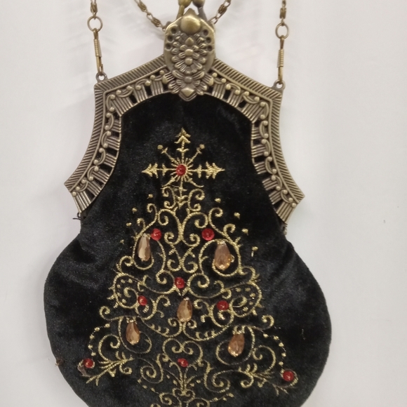 Vintage 1930's Handbag Velvet Evening Christmas Tree Rhinestones Chain Crossbody - Picture 2 of 6